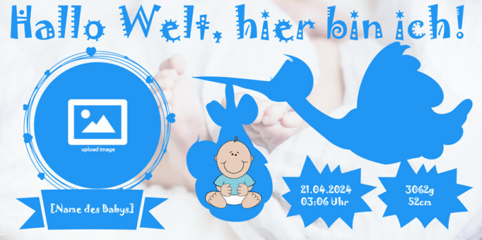 Begrüße das Neugeborene mit einem personalisierten Banner, der mit Namen, Gewicht und Geburtsdatum gestaltet werden kann. Ein besonderes Geschenk für die Familie.