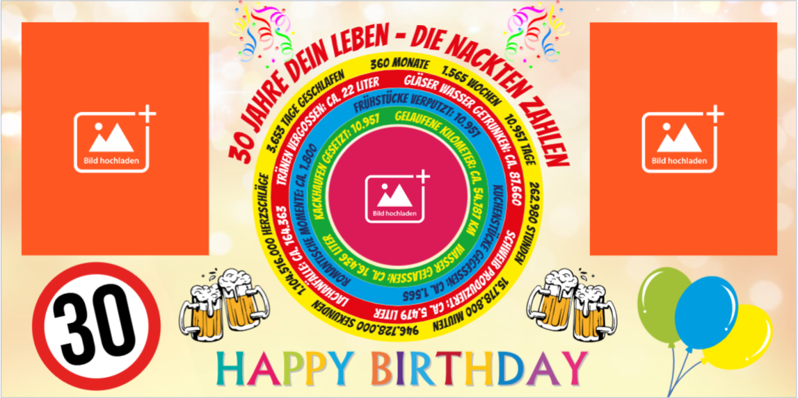 Witziger Geburtstagsbanner zum 30. Geburtstag mit Lebensstatistiken. Personalisierbar mit Namen und Fotos. Perfekt für die große 30. Feier!