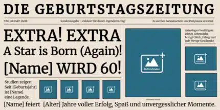 Deine persönliche "Geburtstagszeitung" bietet:
Vollständige Personalisierung: Füge den Namen, das Alter und individuelle "Artikel" über Hobbys, Marotten oder Erfolge des Geburtstagskindes hinzu.
Authentisches Zeitungs-Layout: Von der Kopfzeile bis zu den "Kleinanzeigen" – dieser witzige Geburtstag Zeitung Design Banner sieht aus wie eine echte Zeitung.
Interaktiver Lacher: Gäste werden begeistert die "Schlagzeilen" lesen und sich köstlich amüsieren.
Robuste Qualität: Gedruckt auf langlebigem Material, damit die "Geburtstagszeitung" auch nach der Party noch bestaunt werden kann.
Sorge für Aufsehen und jede Menge Lacher! Bestelle jetzt deine personalisierte "Geburtstagszeitung" als Banner und mache diesen Geburtstag zu einem unvergesslichen Event!