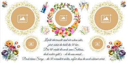 Elegantes Geburtstagsbanner für Frauen mit Blumenkranz, Sektflasche und goldenem Konfetti zum 50. Geburtstag.