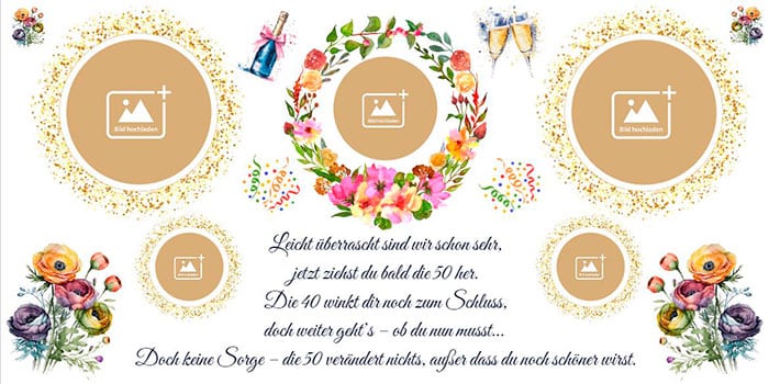 Elegantes Geburtstagsbanner für Frauen mit Blumenkranz, Sektflasche und goldenem Konfetti zum 50. Geburtstag.