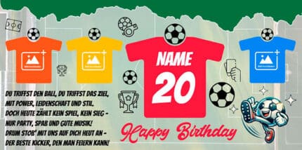 Sportliches Geburtstagsbanner Fußball-Motiv mit Trikots, Pokal und Bällen auf grünem Hintergrund zum 20. Geburtstag.