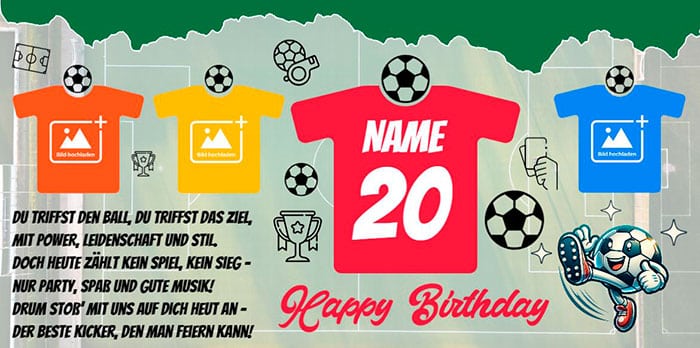 Sportliches Geburtstagsbanner Fußball-Motiv mit Trikots, Pokal und Bällen auf grünem Hintergrund zum 20. Geburtstag.