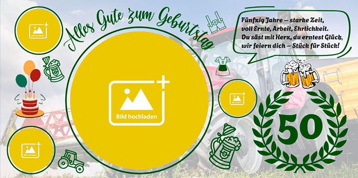 Personalisiertes Geburtstagsbanner für Landwirte mit rotem Traktor, Bierkrügen und Ährenkranz zum 50. Geburtstag.