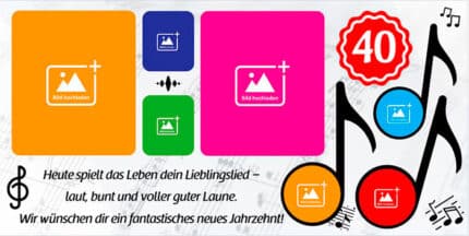 Buntes Geburtstagsbanner Musik-Motiv mit Notenschlüssel, tanzenden Noten und Fotorahmen zum 40. Geburtstag.