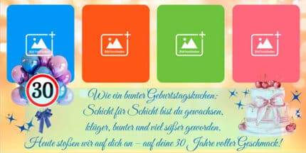 Farbenfrohes Geburtstagsbanner mit großer Torte, Luftballons und schönem Spruch zum 30. Geburtstag.