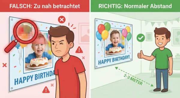 Vergleich: Pixeliges Bild bei zu geringem Abstand vs. scharfes Banner aus 2-3 Metern Entfernung.